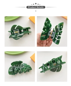 Detailed views of a green monstera leaf hair claw clip with rhinestones and glitter finish