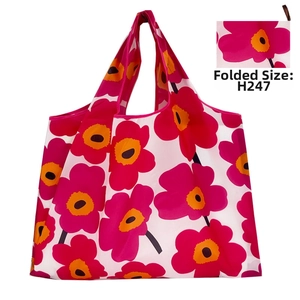 H247 portable folding shopping bag with magenta floral print and integrated handle