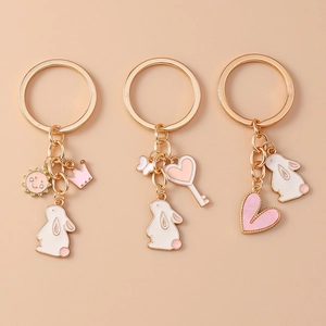 Cartoon Rabbit Enamel Keychain With Heart Crown Butterfly Charms For Women Gold Zinc Alloy Backpack Pendant Jewelry Gift