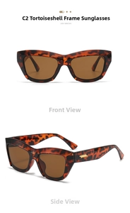 Detail view of tortoiseshell frame cat-eye sunglasses with gold metal temple accents