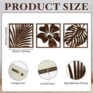 Set of 3 minimalist tropical leaf wooden wall art prints with triangle hanging hooks