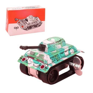 Detail of vintage wind-up camouflage tin tank toy with original H-08 model box packaging