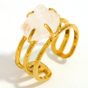Minimalist 18K gold plated stainless steel open ring with raw white natural stone inlay