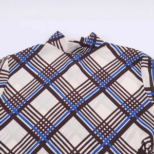 Women's plaid high neck long sleeve shirt in blue and dark brown checked pattern