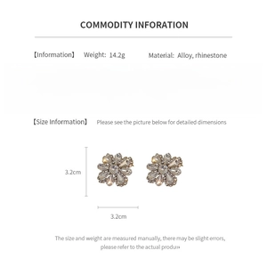 Detailed spec sheet showing 3.2cm rhinestone flower earrings weighing 14.2g with alloy material
