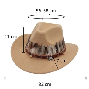 Close-up of khaki western cowboy hat detailing woven band with feathers and beads