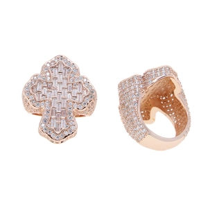 Rose gold cross ring with pave-set cubic zirconia stones shown from multiple angles