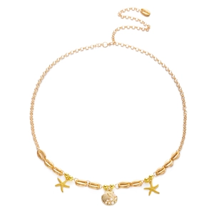 Golden sea shell and starfish pendant necklace with pearls for a summer beach look