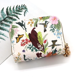 Zippered card holder with tropical flower bird print and gold metal hardware