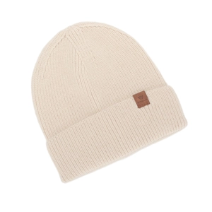 Detailed view of beige knit beanie with premium leather brand patch and ribbed texture