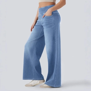 Hellblaue Wide Leg Jeans mit hoher Taille, Kontrastnähten und lockerer Passform