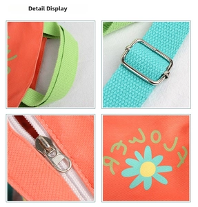 Detail view of colorful canvas bag with floral print, metal zippers and adjustable buckle