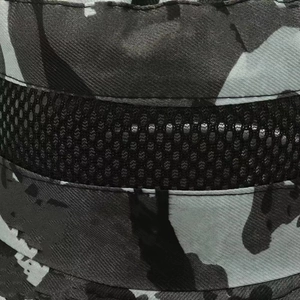 Detail of camouflage sun hat featuring breathable black mesh and durable fabric texture