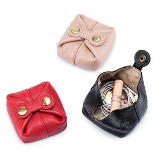 Mini Coin Purse Genuine Cowhide Leather Pebble Texture Snap Button Small Square Earphone Lipstick Storage Bag