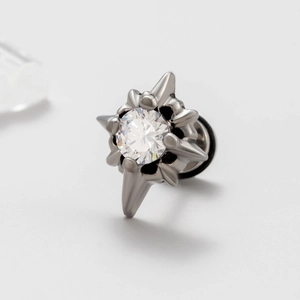 Men's punk style stainless steel stud earring with a large zircon and sharp metal spikes