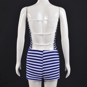 Detailed back view of striped knit bodysuit showing open back and adjustable straps