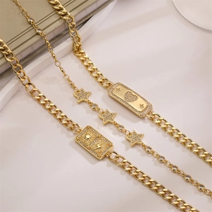 Gold Cuban chain bracelets set with heart, star, and sun zircon pendants for women