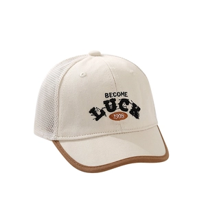 Toddler summer mesh baseball cap featuring Luck embroidery and breathable cream fabric