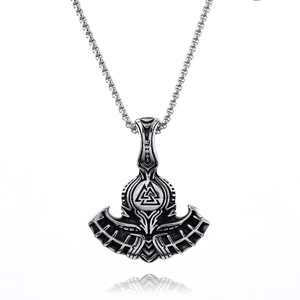 Viking axe pendant necklace in stainless steel with Valknut symbol and vintage finish