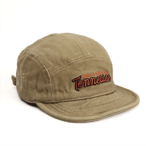 Detail of Tennessee embroidery and breathable eyelets on khaki cotton five-panel cap