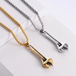 Industrial vintage titanium steel wrench pendant necklace in gold and silver finish