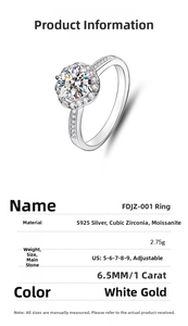 Detailed product info for 1ct Moissanite S925 silver ring showing weight and adjustable size