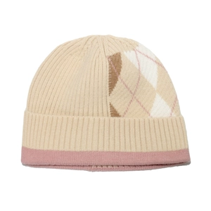 Chic knit beanie for women featuring asymmetric argyle plaid and ribbed texture patterns