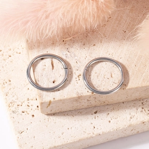 Pair of silver 316L stainless steel seamless clicker rings on a stone surface with feather