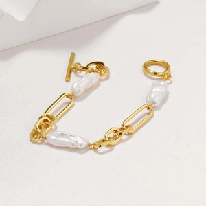 Elegant baroque freshwater pearl bracelet with gold chain and OT toggle clasp for women