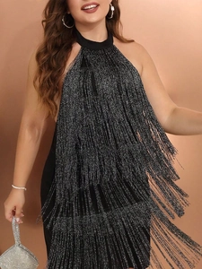 Women Plus Size Fringe Tassel Halter Dress Sparkly Glitter Backless Party Clubwear Sleeveless Mini Bodycon