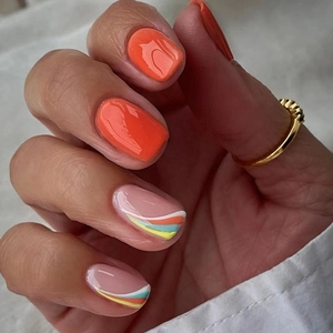 Rainbow Stripe Press On Nails Medium Square Orange Fake Nails Simple Colorful Wave Pattern Elegant Manicure