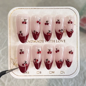Press On Nails Short Almond French Red Tips With 3D Cherry Rhinestone Design Sweet Fake Nails For Women Manicure