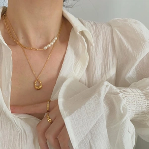 French Style Double Layer Necklace Gold Plated Alloy With Imitation Artificial Pearl Spliced Chain Irregular Water Drop Pendant