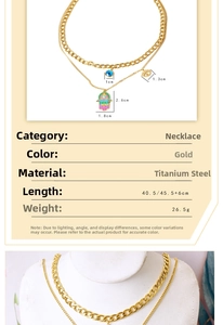 Detail showing gold titanium double layer Hamsa and Evil Eye necklace dimensions