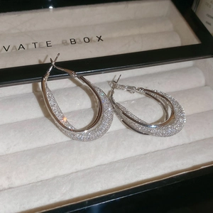 Macro detail of oval mesh silver earrings with sparkling texture in white velvet box