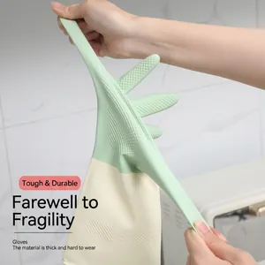 Durable dual-color latex cleaning gloves with non-slip texture for household kitchen use