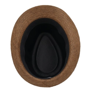 Detail view of woven straw fedora showing interior sweatband and fine craftsmanship