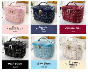 Detailed view of tweed cosmetic bags in six colors with gold zippers and top handles