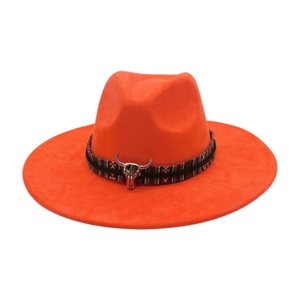 Orange wide brim cowboy hat featuring ethnic patterned band and silver bull head detail