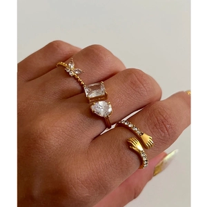 18k gold plated stainless steel ring set with zircon square and pear stones