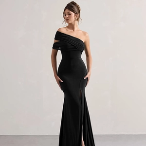 Elegant black off-shoulder mesh slim dress with a high side slit for formal events
