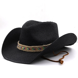 Black western cowboy straw hat with colorful ethnic band and adjustable chin strap