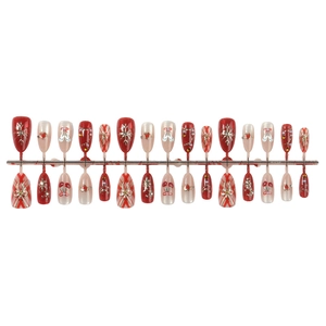 Press-on nail set with red and pink heart butterfly designs and 3D snow textures