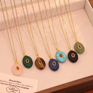 French Vintage Oval Stone Pendant Necklace Stainless Steel Gold Plated Zircon Elegant Retro Jewelry For Women