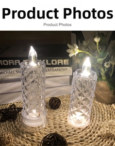 Detail of LED flameless candles with diamond cut texture and warm flickering light effect