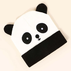 Winter unisex knitted panda beanie hat with 3D ears and ribbed cuff for kids