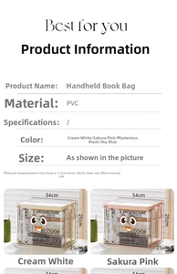 Transparent PVC book storage bag measuring 34x25x25cm with reinforced handles and text