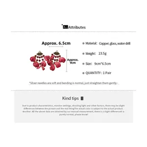 Detailed size specifications for red fabric petal tassel earrings with silver needle specs