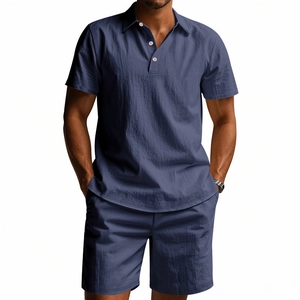 Detail of blue linen polo shirt fabric texture and matching casual beach shorts set