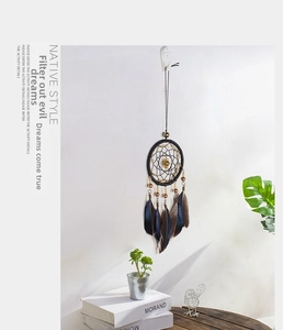 Ethnic style wall hanging dream catcher with navy blue feathers and woven geometric net